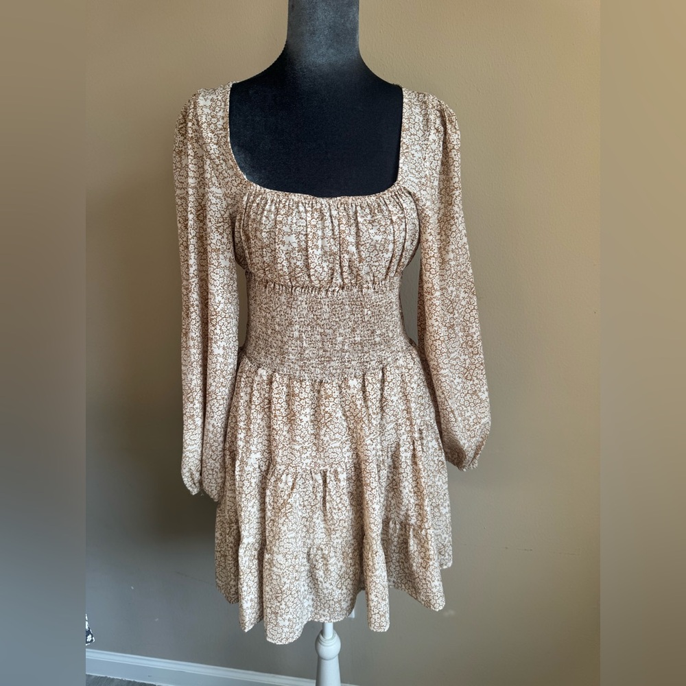 Princess Polly Cream Floral Smocked Mini Dress Long Sleeve Cottagecore Size 6 - Picture 7 of 7